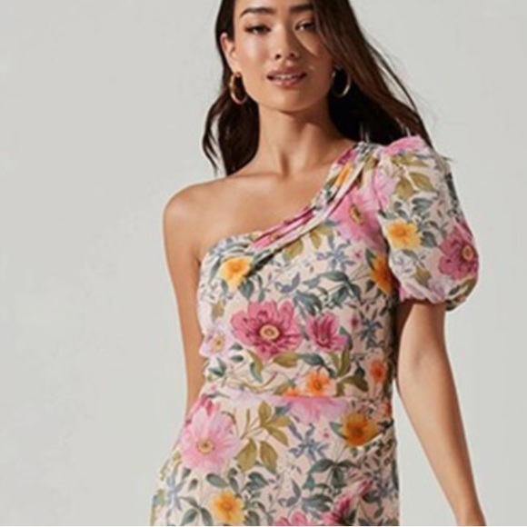 Astr The Label Beige Floral Printed One Shoulder A-Line Midi Dress Size S - Picture 2 of 15